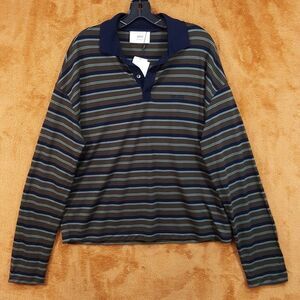 AMI Polo Shirt Mens Small Dark Brown Green Stripe Boxy Relaxed Long Sleeve $295